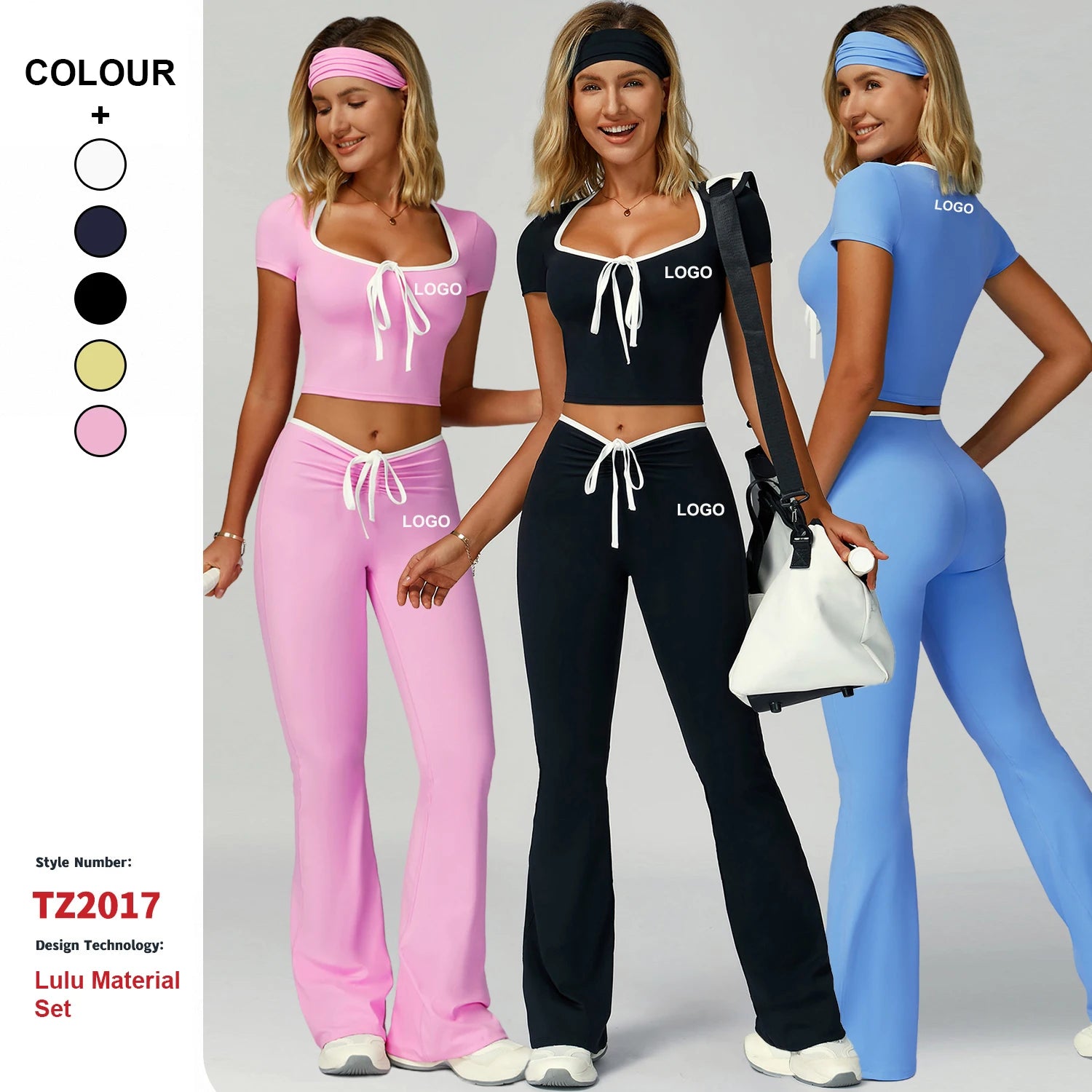 Contrast Color Fitness Clothes Women High Waisted Flared Pants Suit Casual Outdoor Short-Sleeve 2-Piece Sports Fitness Yoga Set