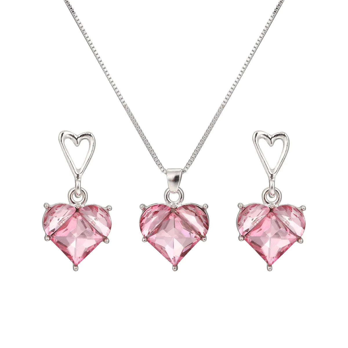 Women Luxury Pink Heart Glass Bead Pendant Necklace Earring Set Romantic Wedding Jewelry Girl Gift