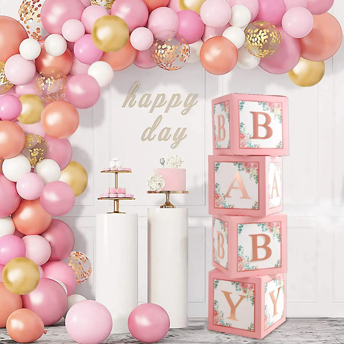 Large Pink Rose Floral Baby Balloons Boxes 4pcs Rose Gold BABY Birthday Party Decorations for Girl Baby Shower Box for Party