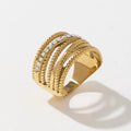 Trendy Chunky Women's Stainless Steel 18k Gold Plated Multi-layer Cross Rhinestone Twist Hollow Fashion Ring