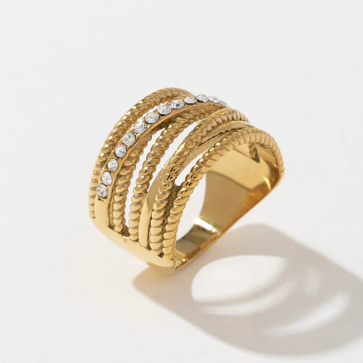 Trendy Chunky Women's Stainless Steel 18k Gold Plated Multi-layer Cross Rhinestone Twist Hollow Fashion Ring