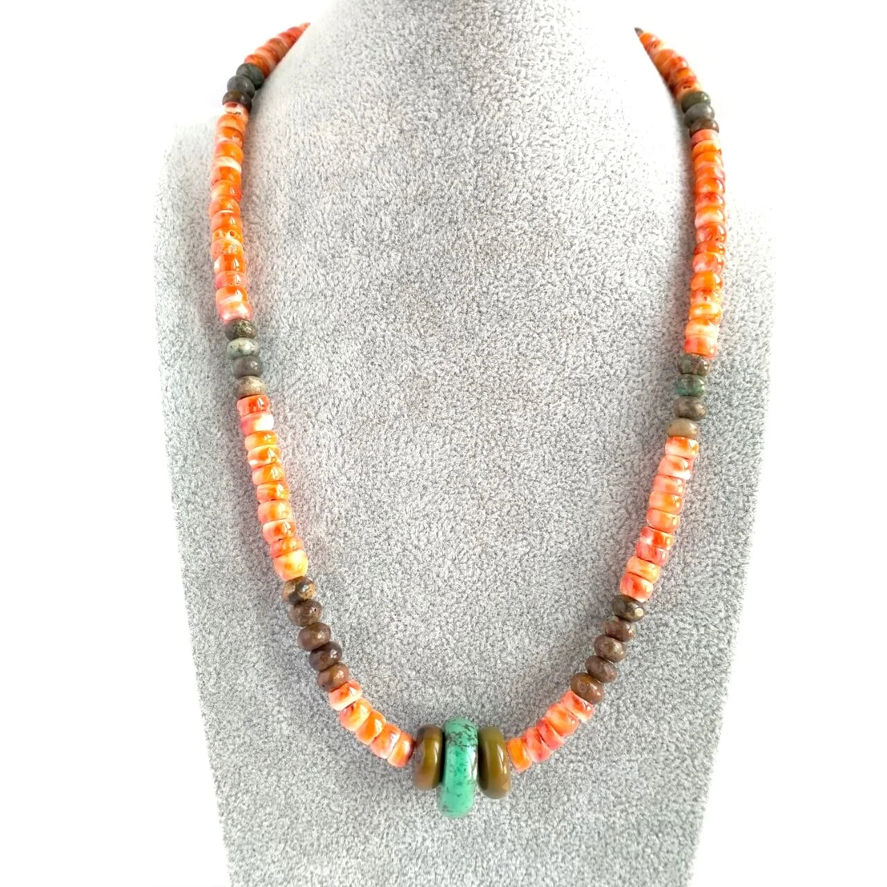 Sterling Silver Red Spiny Oyster with Turquoise Bead Necklace 16 inch