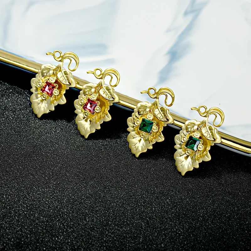 Court Emerald Crystal Stud Earring 925 Silver Post Grape Leaf 14K Gold Plated Earrings for Women