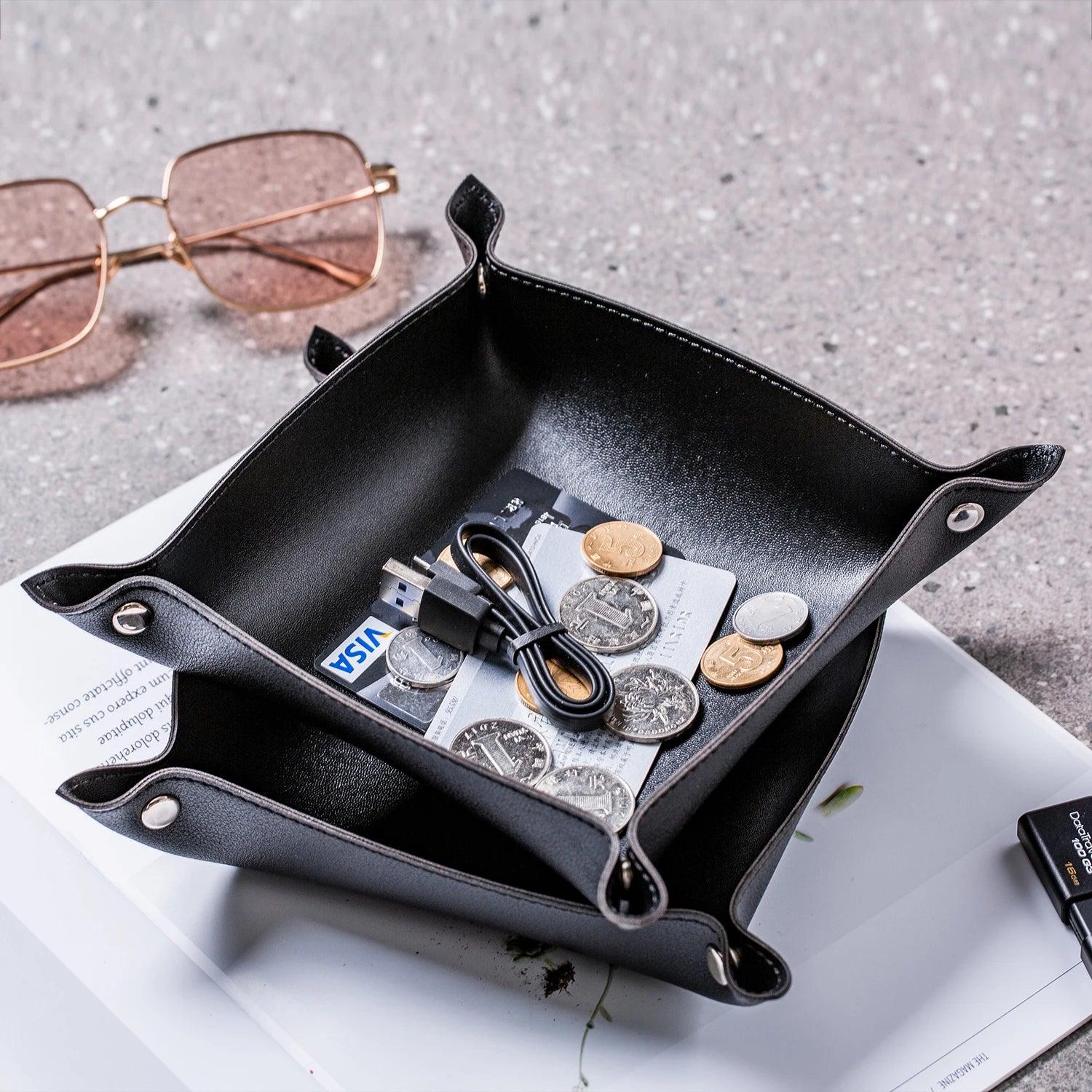 Personalized Square Leather Tray Mini Table Dice Tray Foldable Leather Valet Tray