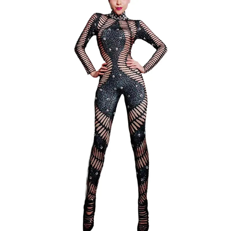 Fashion Stretch Black Bandage Rhinestones Bodysuit Women Stage Dance Costume Nightclub Prom Playsuits Lady Plus Size Jumpsuits