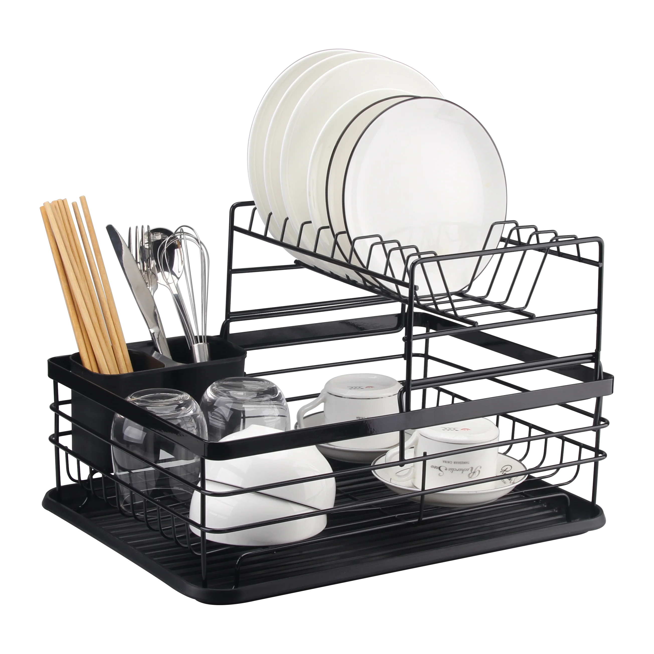 Metal Double Tier Kitchen Dish Rack with Drainer Black Color Large Capacity Eco-Friendly Modern Storage Holder