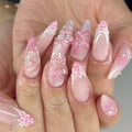 Wholesale 3875 Charming Pink Butterfly and Flower 3D Short Almond False Nail Press on Nail Artificial Fingernails Customize