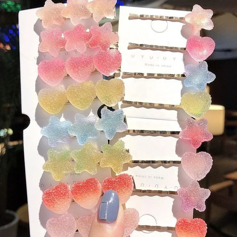 2024 New Set Cute Hairgrips Jelly Crystal Hair Ties Bobby Pin Hairpins Rainbow Heart Hair Clip Fancy Star Hair Accessories Girl
