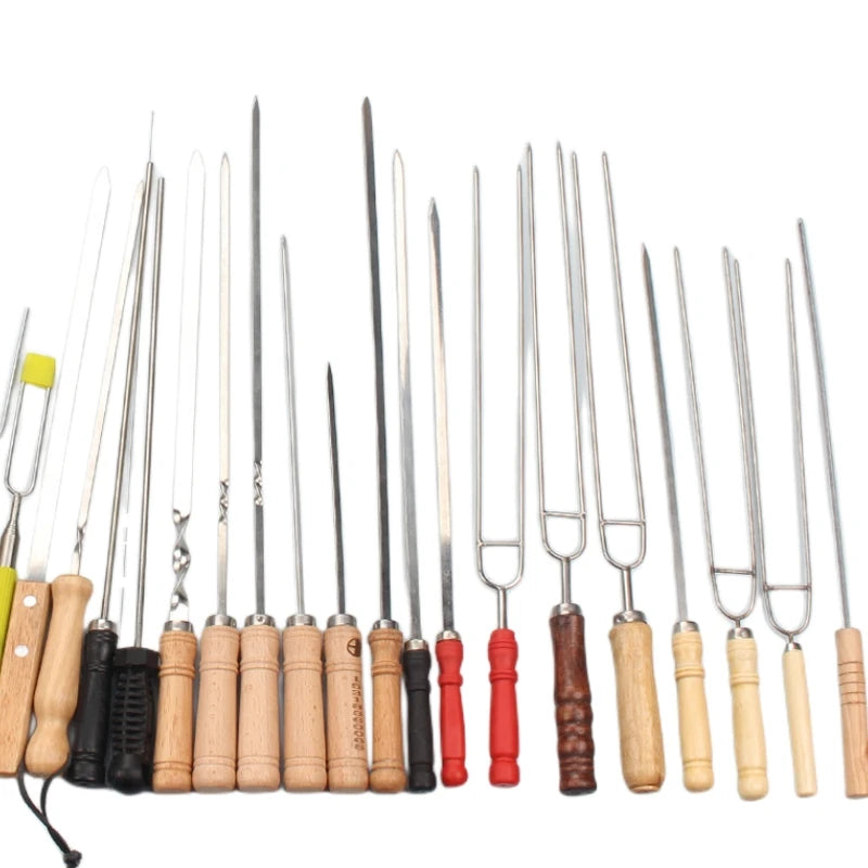Wholesale Outdoor BBQ Tool Roasting Sticks Kabob Grill Flat Barbecue Forks Stainless Steel Skewers With Wooden Handle