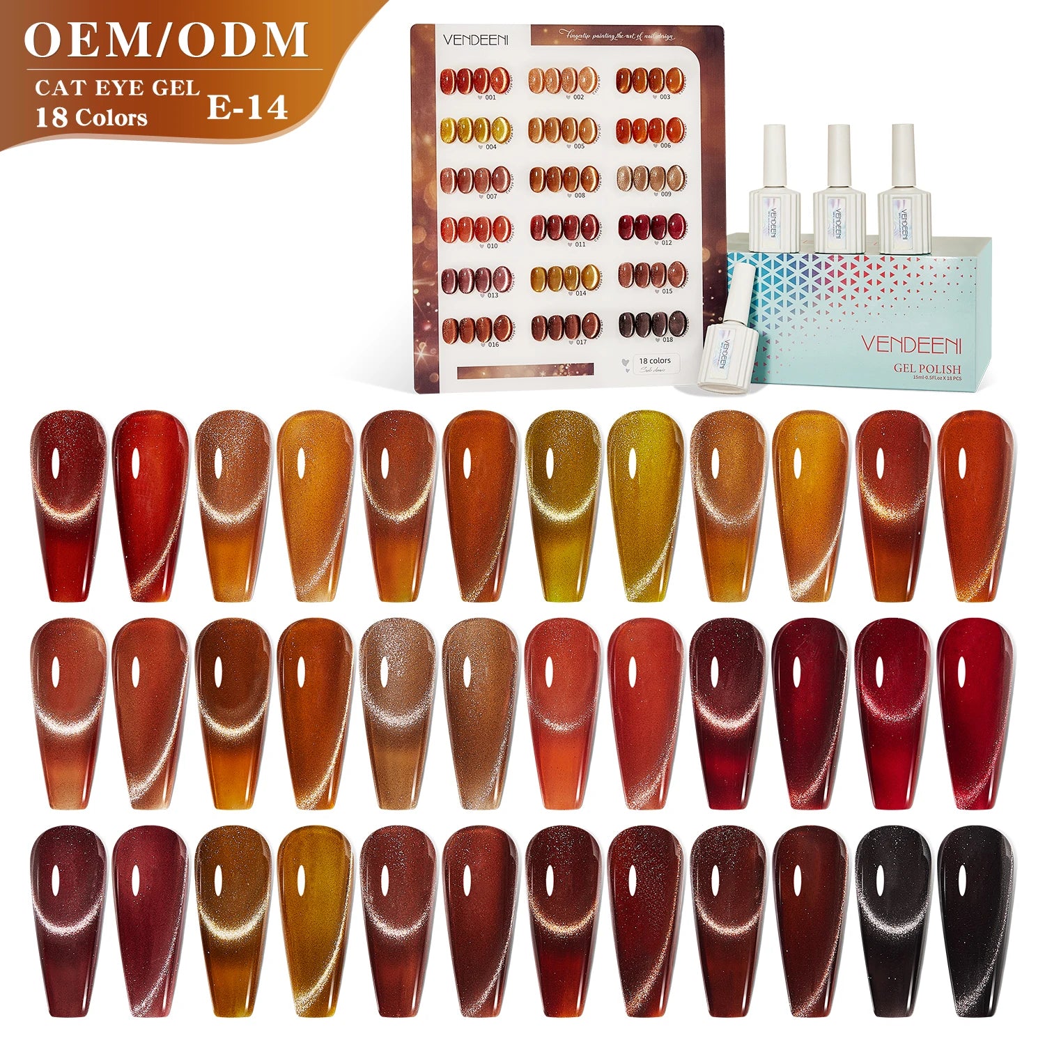 Vendeeni OEM/ODM Professional Supplies Design Diamond Spar Cat Eye Gel Polish Set Amber Reflective Cat Eye Gel Nail Polish