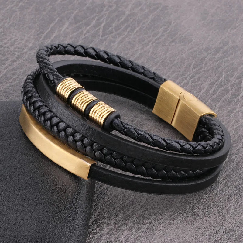 New Design 316L Stainless Steel Charms Clasp Real Genuine Leather Bracelet Bangle for Men Jewelry