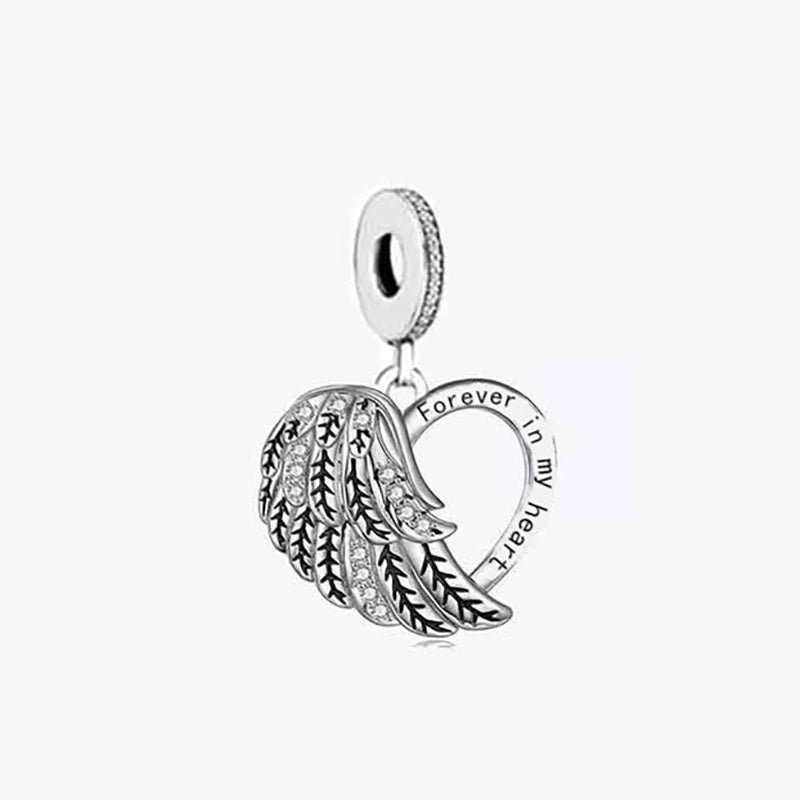 Real 925 Sterling Silver Angel Wings Forever in My Heart Charms for Bracelet Jewelry Making DIY Designer Accessories Gift