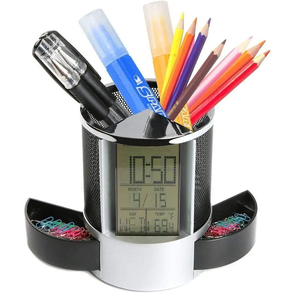 Intelligent Storage Organizing Products Mesh Pen Holder Calendar Timer Temperature Desk Alarm Clock 2 Small Drawers-Indoor Use