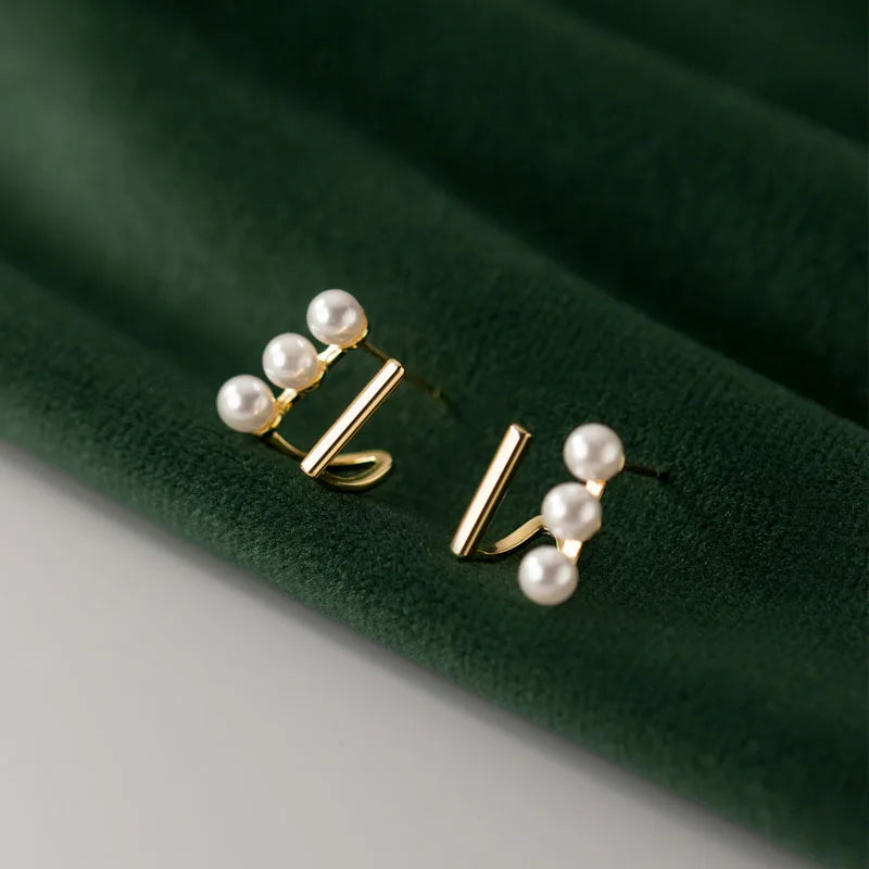 Fashion Geometric 925 Sterling Silver Synthetic Pearl Earring 18K Gold Plated Double Layer Stud Earrings for Women