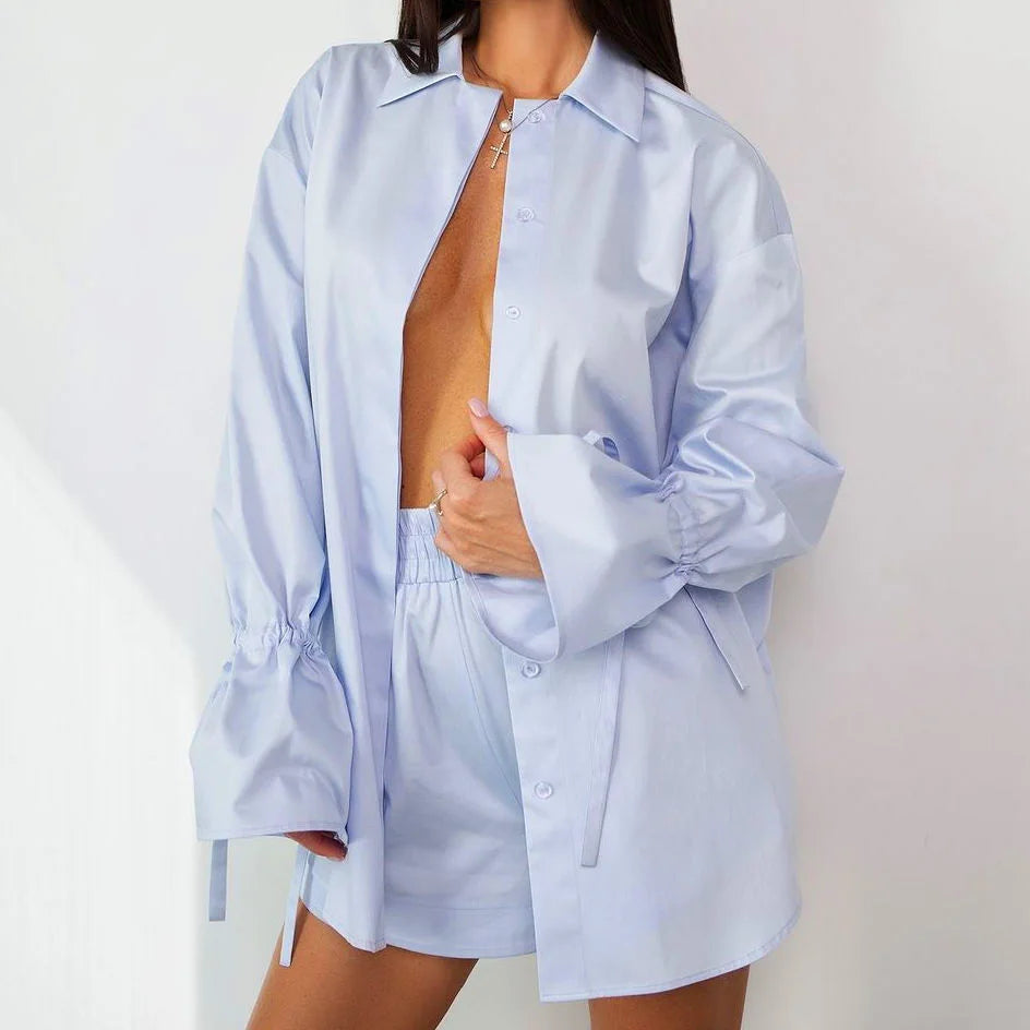 Enyami Blue Pink Tie Front Shirt Women Button Shirts 2 Piece Loose Long Sleeve Shirts Elastic Drawstring Short Pants Sets