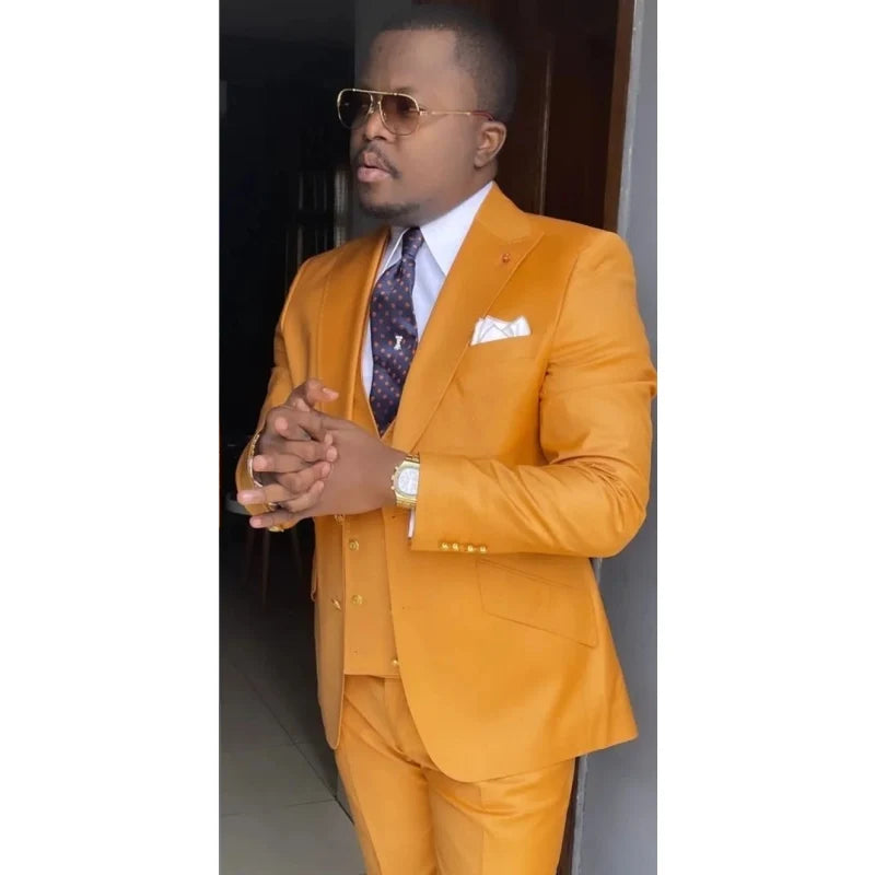 Bright Yellow 3 Pieces Wedding Tuxedos Mens Suit Formal Business Mens Jacket Blazer Groom Tuxedo Coat Pants Vest