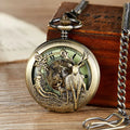 Vintage Hollow Deer Wolf Horse Skeleton Mechanical Pocket Watch Double Open Cover Fob Chain Men Steampunk Pendant Gifts Women