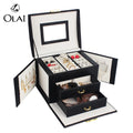 Wholesale Stock Travel Handle Lock Girlfriend Black PU Leather Velvet Luxury Fine Jewelry Packaging Storage Box With Mirror