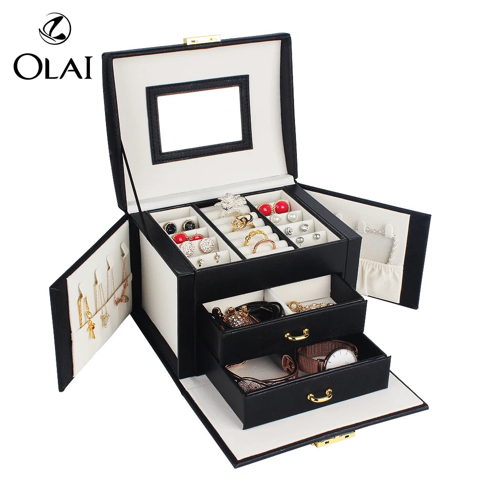 Wholesale Stock Travel Handle Lock Girlfriend Black PU Leather Velvet Luxury Fine Jewelry Packaging Storage Box With Mirror