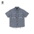Tassel Patch Woven Checkered Breathable Summer Short-Sleeve Casual Shirt Men's American High Street Loose Shirt Jacket Teenagers