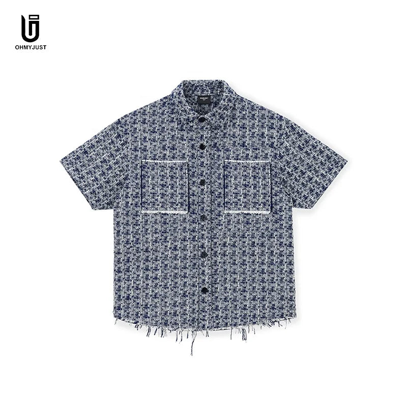 Tassel Patch Woven Checkered Breathable Summer Short-Sleeve Casual Shirt Men's American High Street Loose Shirt Jacket Teenagers