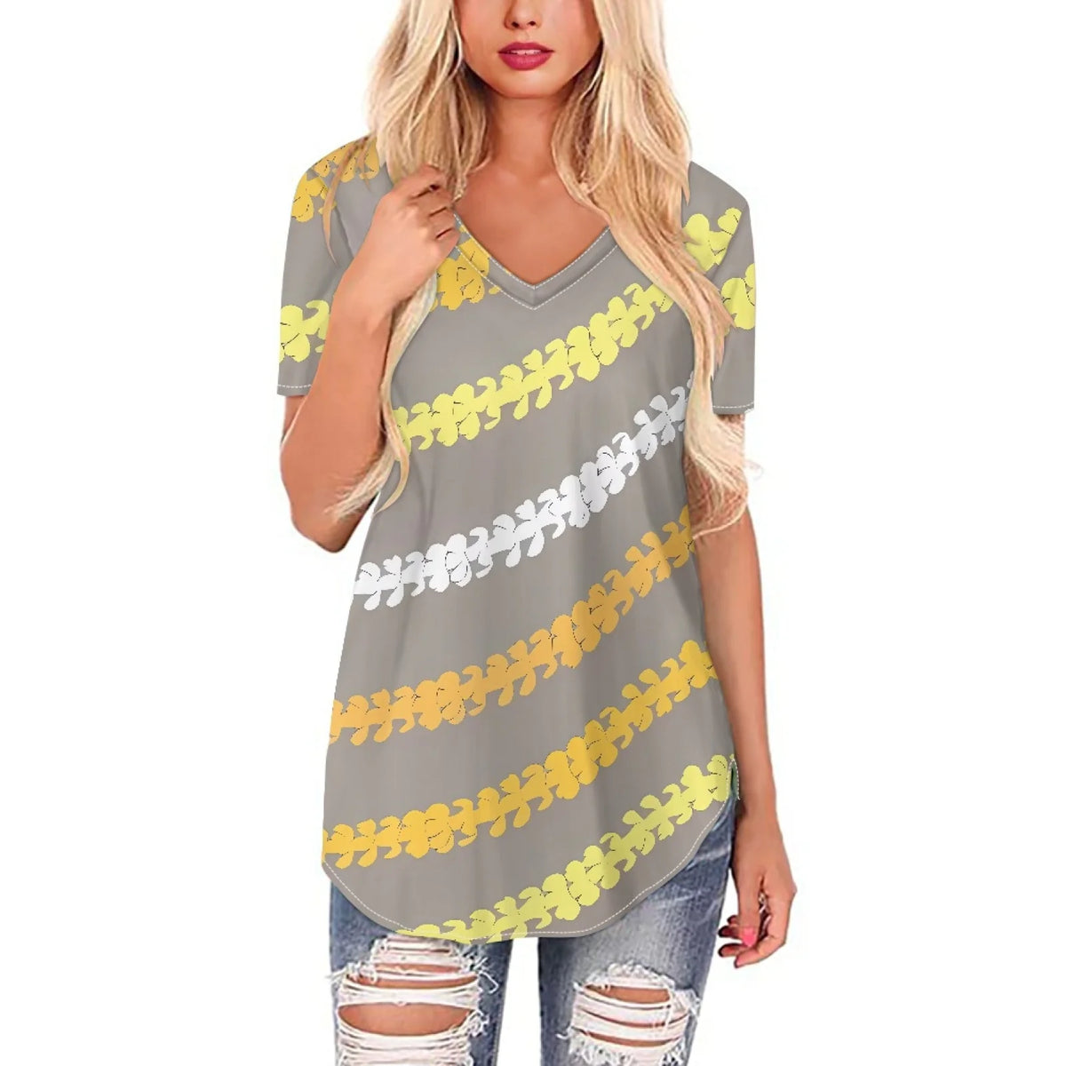 Hawaiian Women's Blouses & Shirts for Women Custom Polynesian Tribal Tattoo Lauhala Hibiscus V Neck Short Sleeve Casual Tee Tops MegaBDM