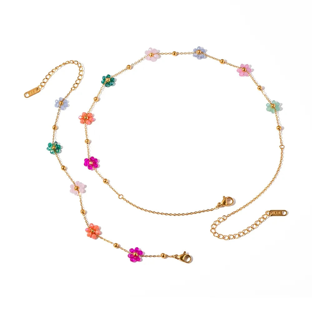 Ins Fashion 18k Gold Plated Stainless Steel Beads Chain Jewelry Set Exquisite Rainbow Flower Necklace and Bracelet Set for Women
