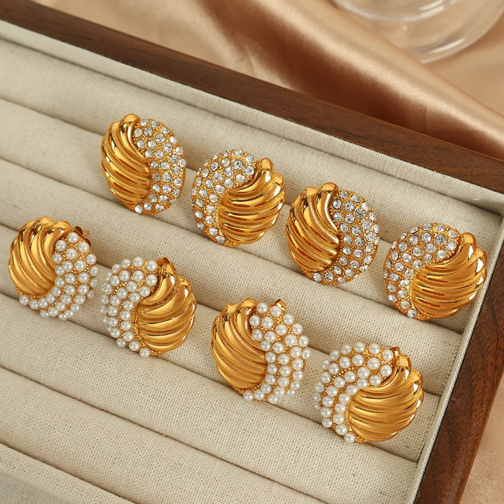 YF3936 Stainless Steel 18k Gold Plated Wing Shaped Waterproof Jewelry Pearl Zircon Texture Women Earrings