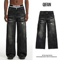 Custom Heavyweight Distressed Washed Black Denim Jeans Wide Fit Pants Oversized Zip Fly High Street Baggy Scar Jean