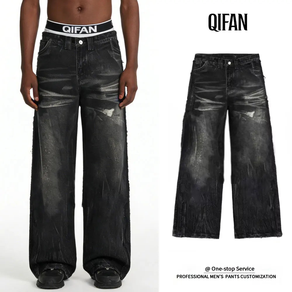 Custom Heavyweight Distressed Washed Black Denim Jeans Wide Fit Pants Oversized Zip Fly High Street Baggy Scar Jean