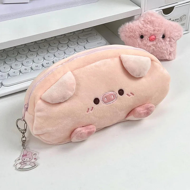 Japanese Plush Piglet Pen Bag Cute Student Large Capacity Pencil Stationery Bag Makeup Bag Storage