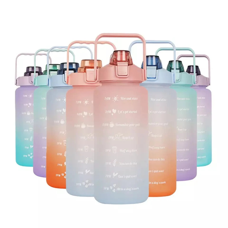 Eco Friendly Custom Bpa Free Student Vintage Drinking Sport 2L 64Oz Plastic Water Bottles with Time Marker Straw Strainer