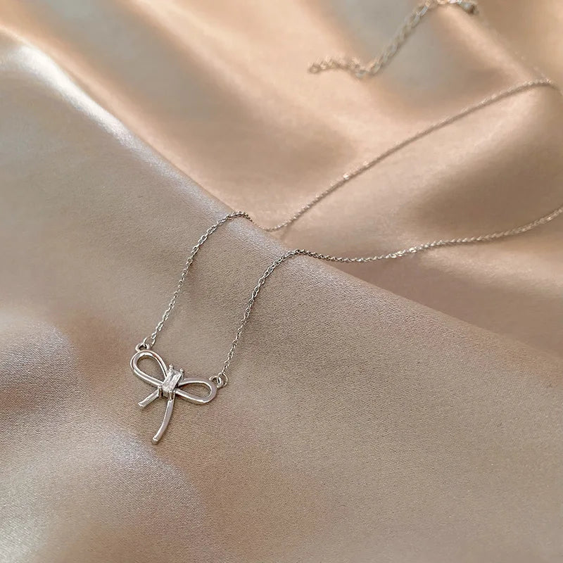 Simple Design Stainless Steel Cz Bowknot Necklace Cubic Zircon Bowknoe Pendant Necklace for Women Jewelry