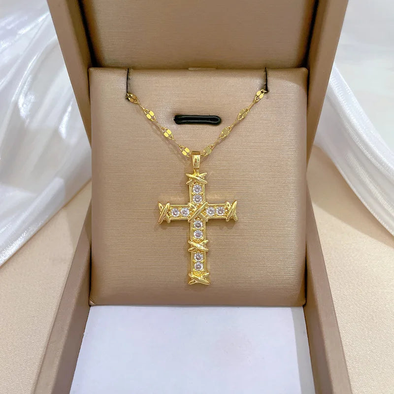Trendy Jewelry Stainless Steel Lip Chain Binding Cross Necklace Iced Out Cubic Zircon Gold Cross Choker Necklace for Lady