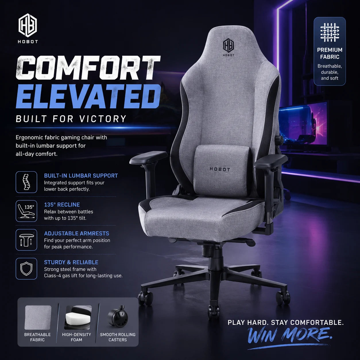 Ergonomic Support for Home Office Gamer Magnetic Head Pillow Gaming Chair