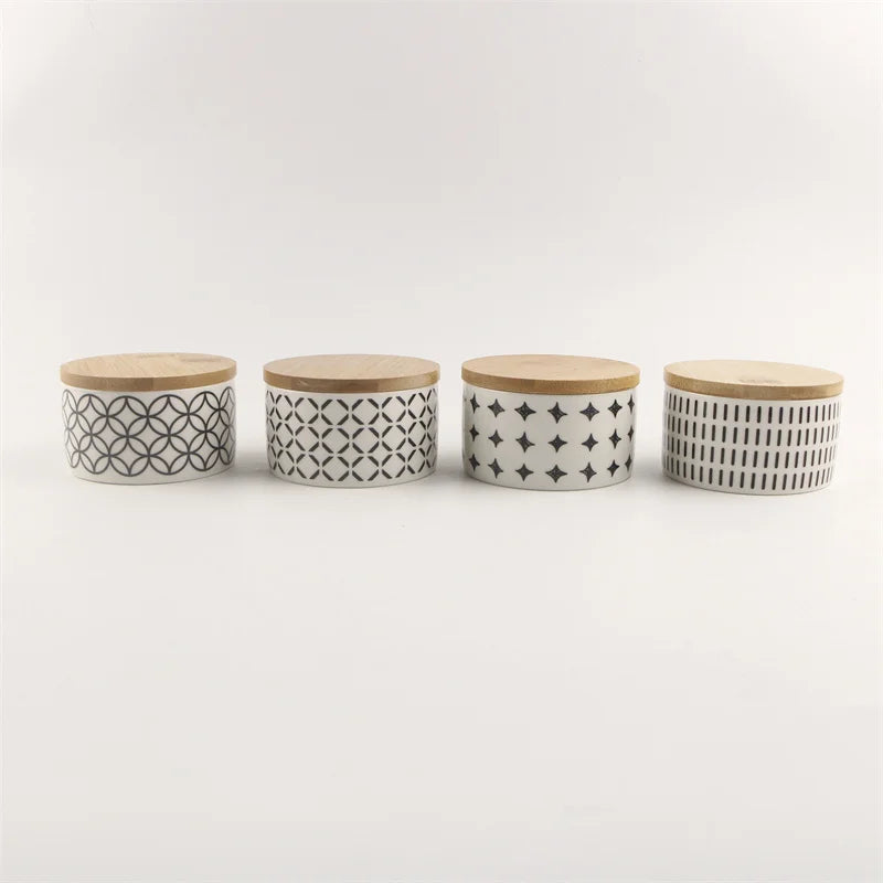 Lattice Design Bamboo-lid Canister Set with Polka Dot Ceramic Cylinder for Food and Drink