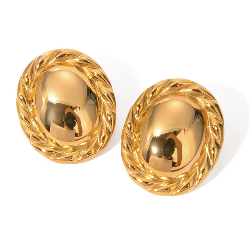 Tarnish Free Waterproof Stainless Steel Twist Texture Edge Smooth Surface in the Middle Oval Round Button Chunky Stud Earrings