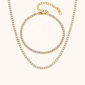 Dingran Shining Tennis Zircon Necklace and Bracelet Waterproof Gold Plated Jewelry Set for Women
