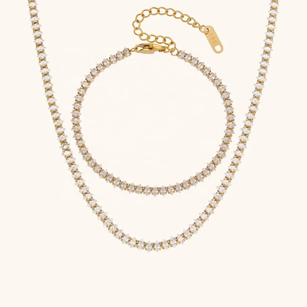 Dingran Shining Tennis Zircon Necklace and Bracelet Waterproof Gold Plated Jewelry Set for Women
