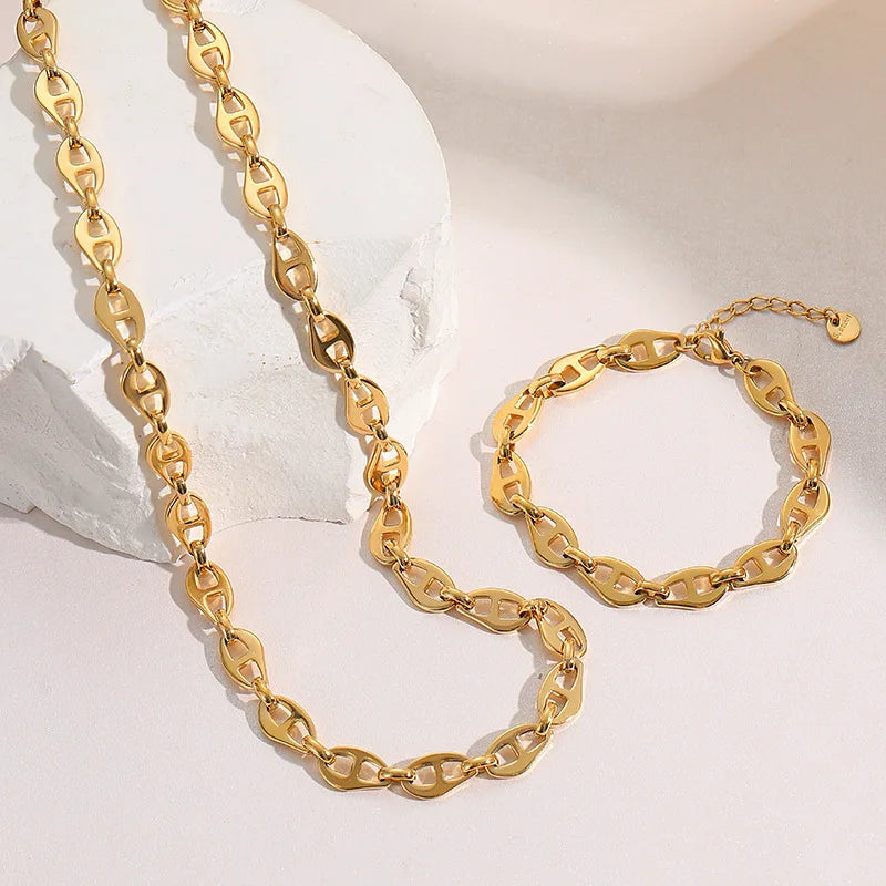 Factory Supply 14k Gold Plated Stainless Steel Fashion Designer Chokers Necklace and Bracelet  for Women