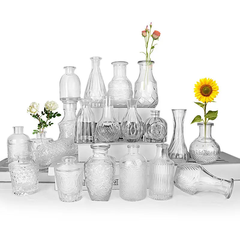Wholesale Transparent Mini Glass Vase Ribbed Bud Pot Cylinder Clear Flower Vase Bulk Decorative Wedding Supplies Cork Sealing