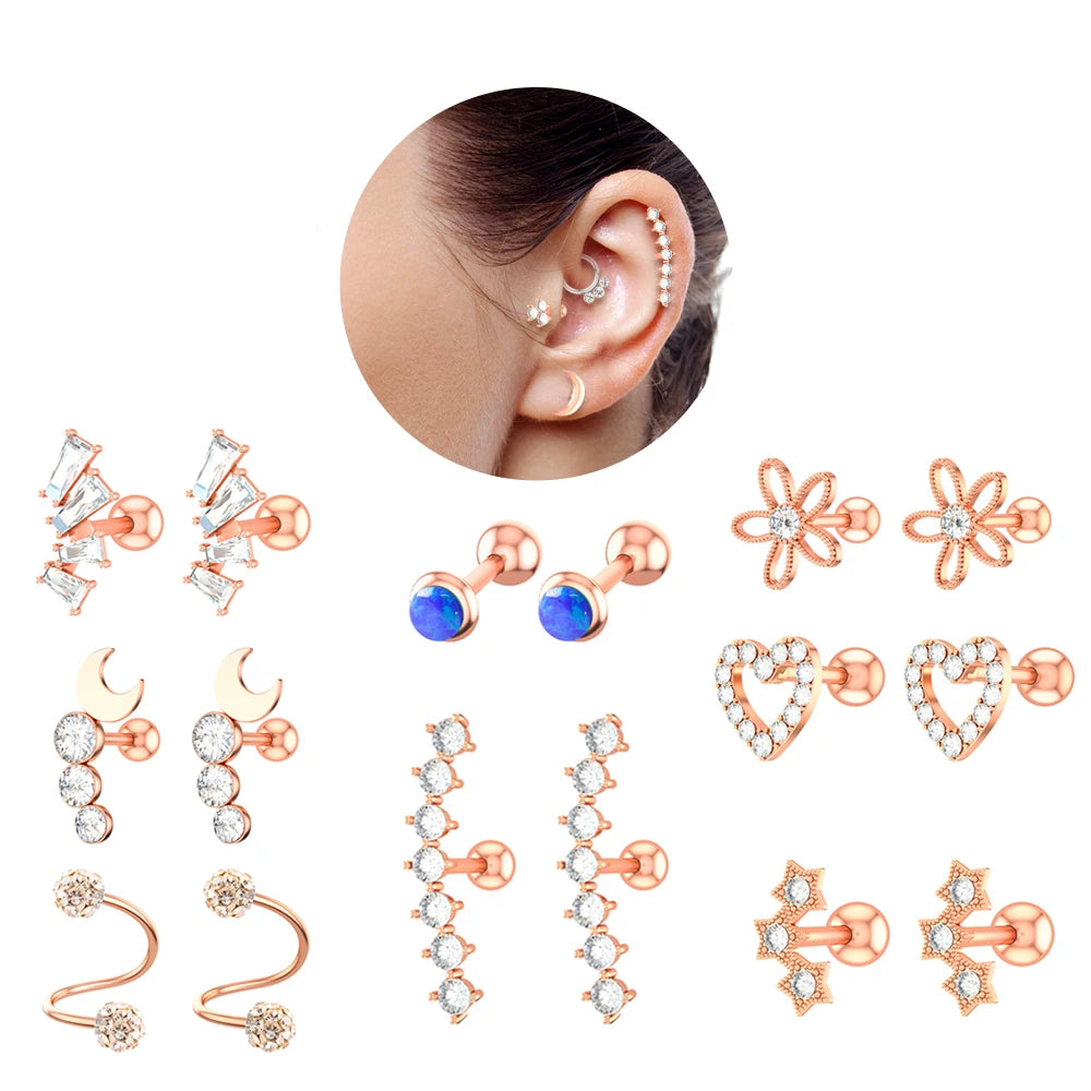 Set 10 Stainless Steel Bar Cartilage Piercing Studs Star Heart Flower Moon Rook Earlobe Screw Statement Earrings Tragus Conch