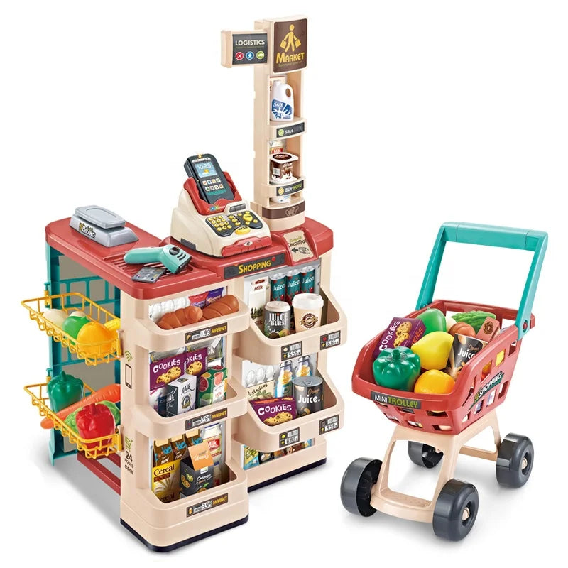Kids Supermarket Shopping Cart Set Big Supermarket Checkout Counter Toys Pretend Shopping Toys