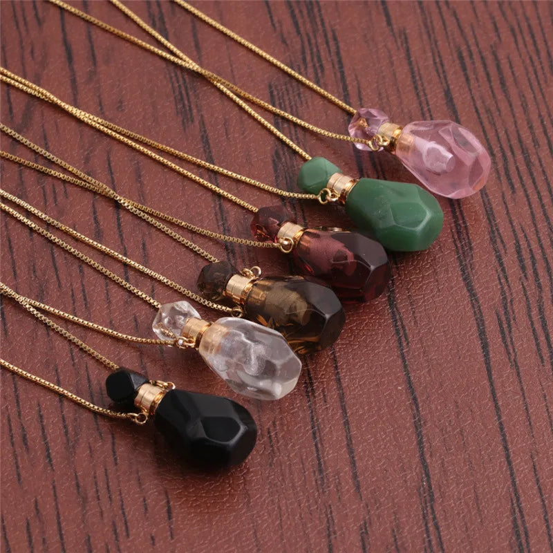 Fashion Etnique Healing Irregular Natural Perfume Bottle Vial Agate Turkish Stone Chain Pendant Necklace Women Jewelry