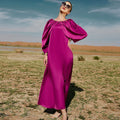Women's Rose Red Pleated Three-Quarter Sleeve Long Party Dress Dubai Middle East Ethnic Style Abaya Polyester Muslim Fashion
