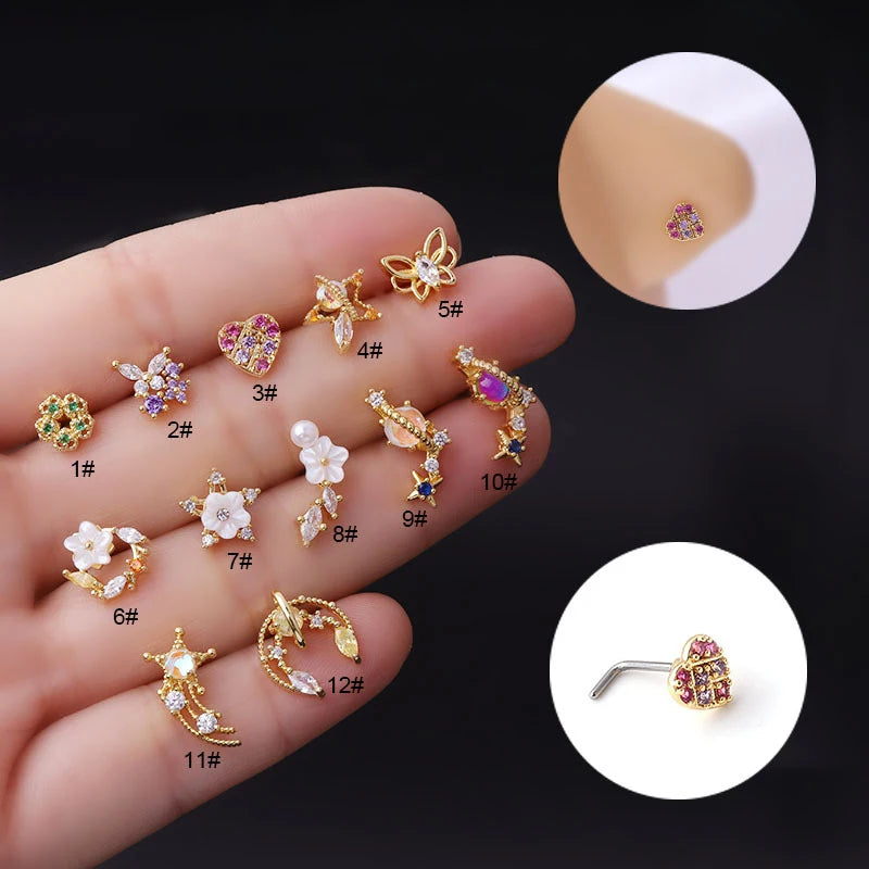 Fashionable Body Jewelry 12 Set Colored Zircon 316L Stainless Steel L Rod Heart  Piercing Nose Studs for Girls