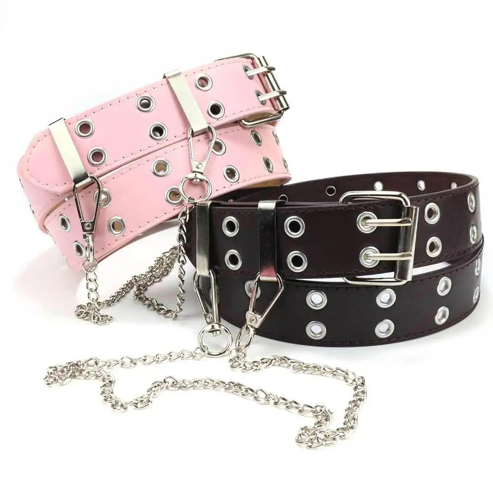 Hot Selling Punk Personality Solid Color Belts Fashion Hollow Out PU Leather Belts with Metal Chain