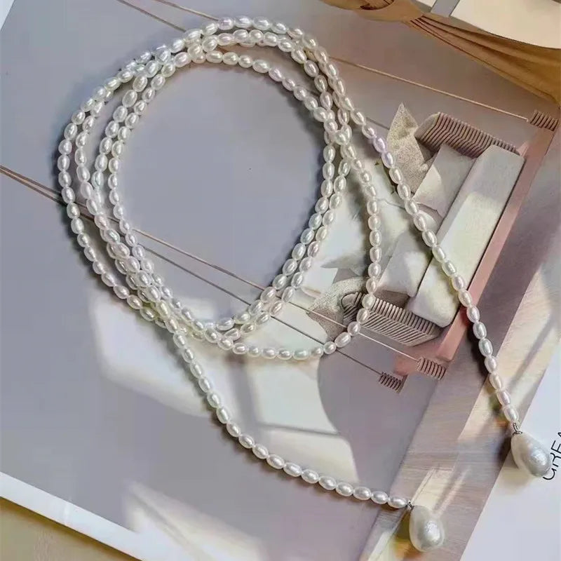 Many way to wear 47 inches high luster 3-4 mm natural freshwater tiny pearl necklace