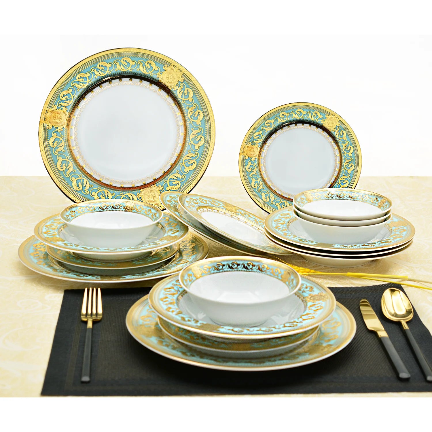 24pcs Embossed Gold Include Dinner Plate Soup Plate and Bow Bone China Dinner Set