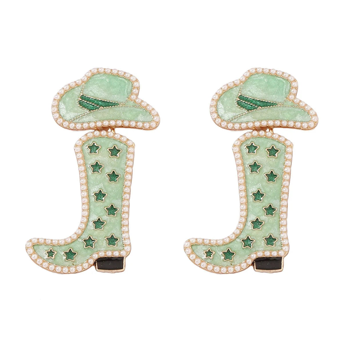 Pink Green Purple Enamel Rhinestone Cowgirl Cowboy Boots Hat Shaped Earrings Women